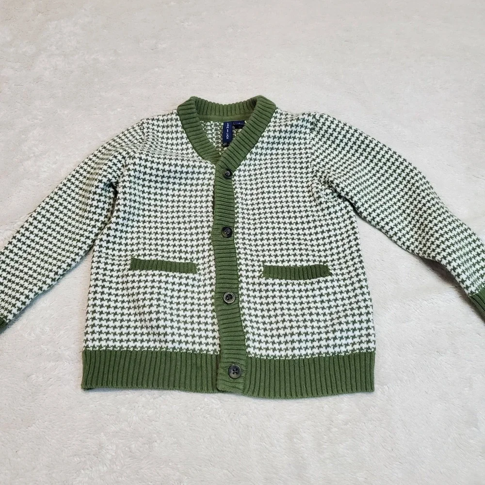 Janie and Jack Green White‎ Houndstooth Knit Preppy Classic Sweater Cardigan 3